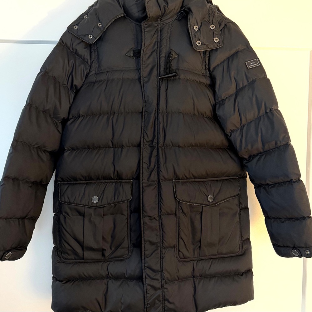 Armani Exchange Long Puffer Coat Black Men’s Small Hooded Parka Winter Jacket